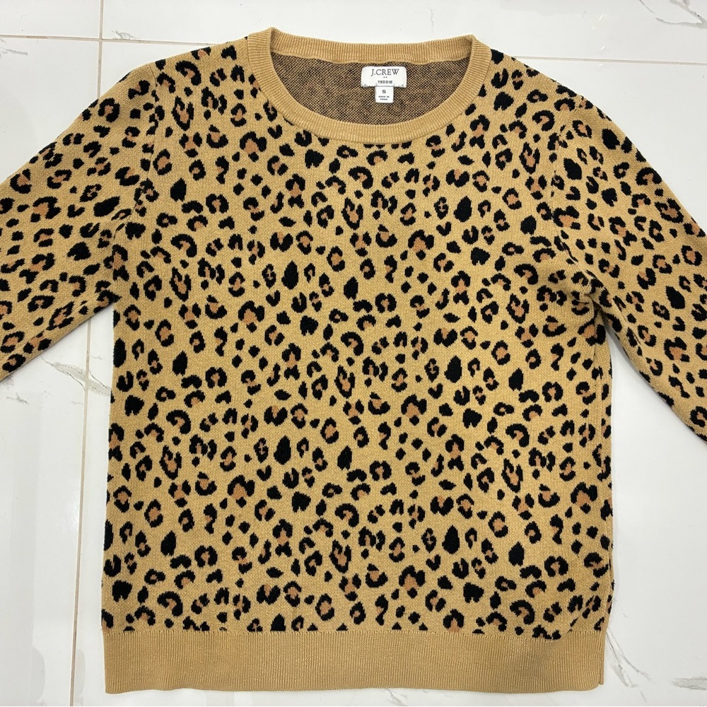 J. Crew Leopard Print Crewneck Sweater in Camel and Black